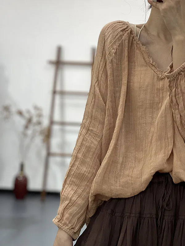 Long Sleeves Loose Pleated Solid Color V-Neck Blouses&Shirts Tops