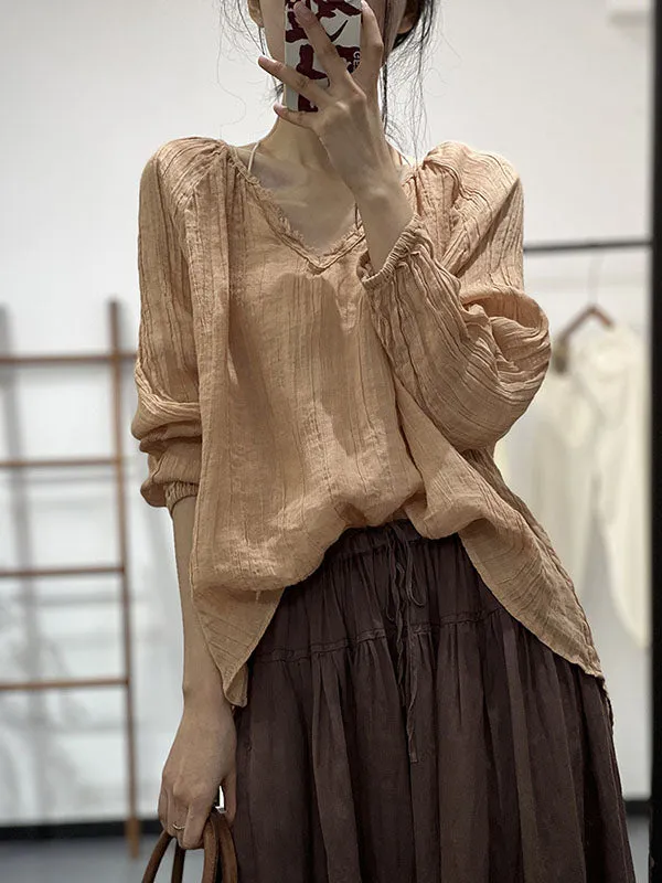 Long Sleeves Loose Pleated Solid Color V-Neck Blouses&Shirts Tops