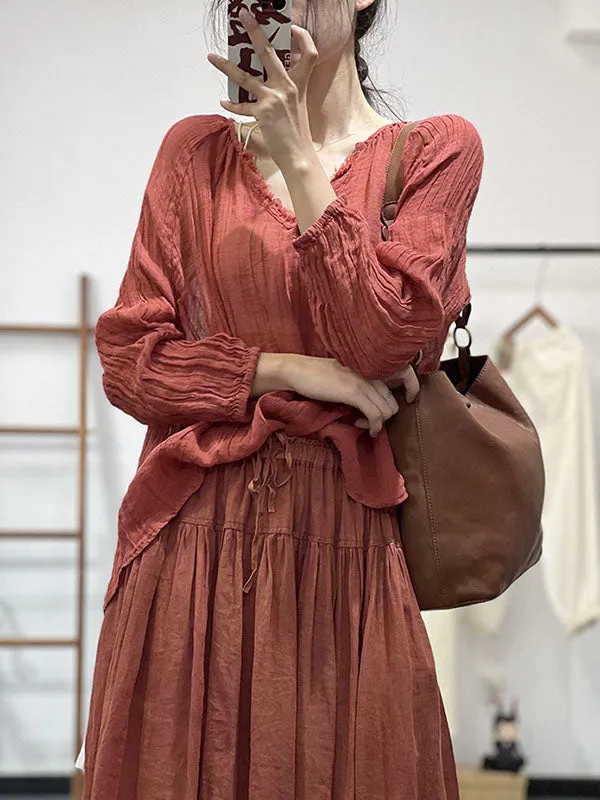 Long Sleeves Loose Pleated Solid Color V-Neck Blouses&Shirts Tops