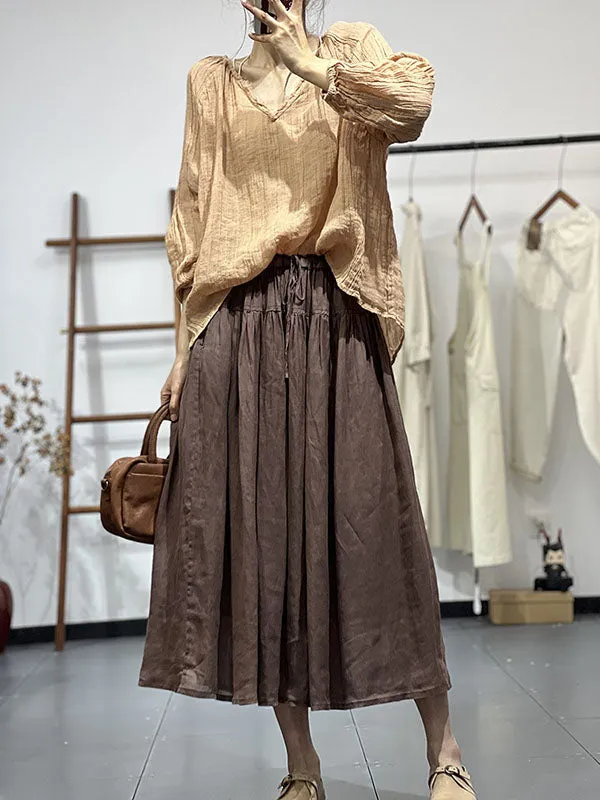 Long Sleeves Loose Pleated Solid Color V-Neck Blouses&Shirts Tops