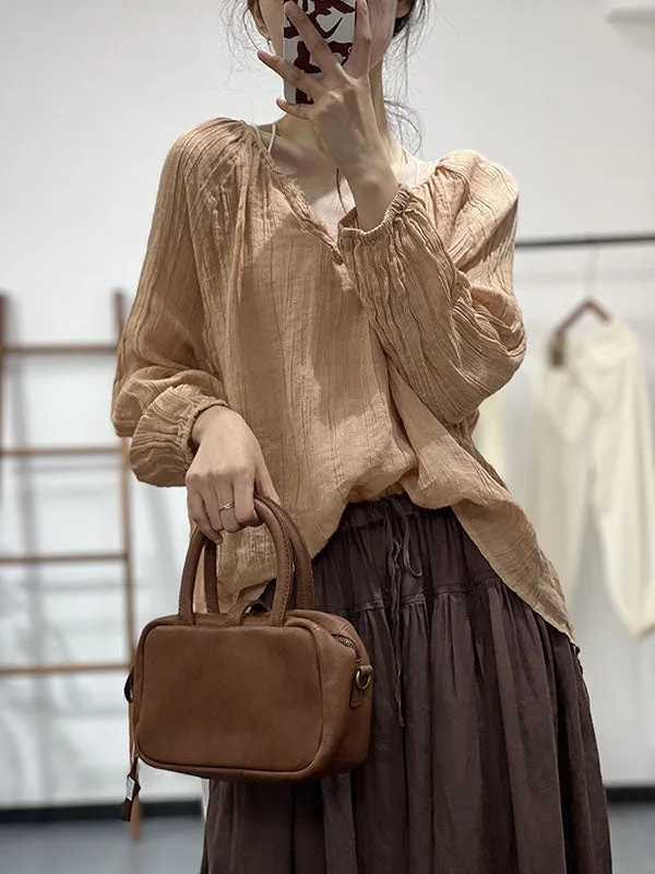 Long Sleeves Loose Pleated Solid Color V-Neck Blouses&Shirts Tops