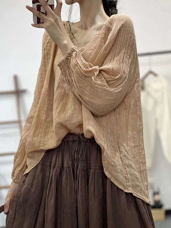 Long Sleeves Loose Pleated Solid Color V-Neck Blouses&Shirts Tops