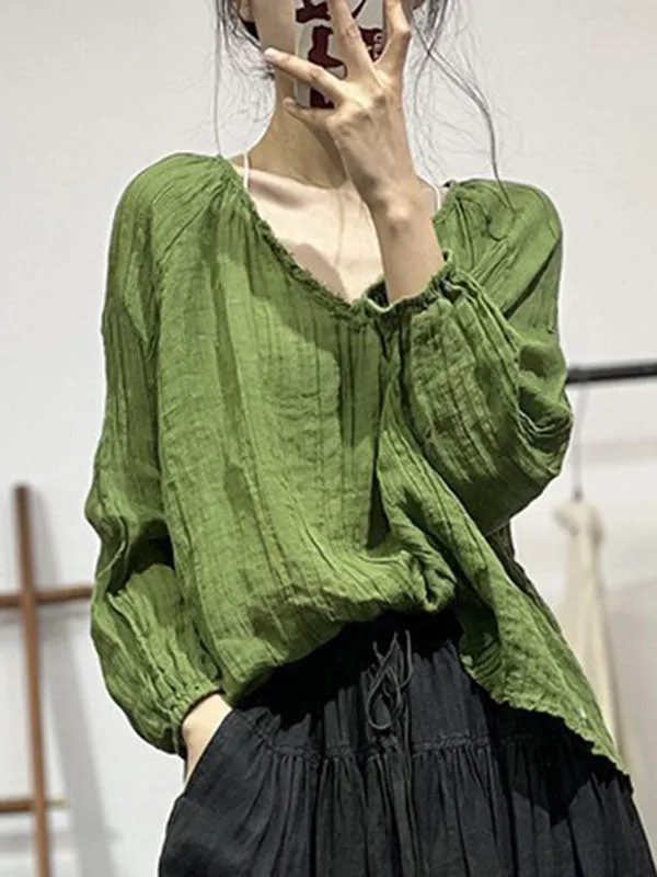 Long Sleeves Loose Pleated Solid Color V-Neck Blouses&Shirts Tops