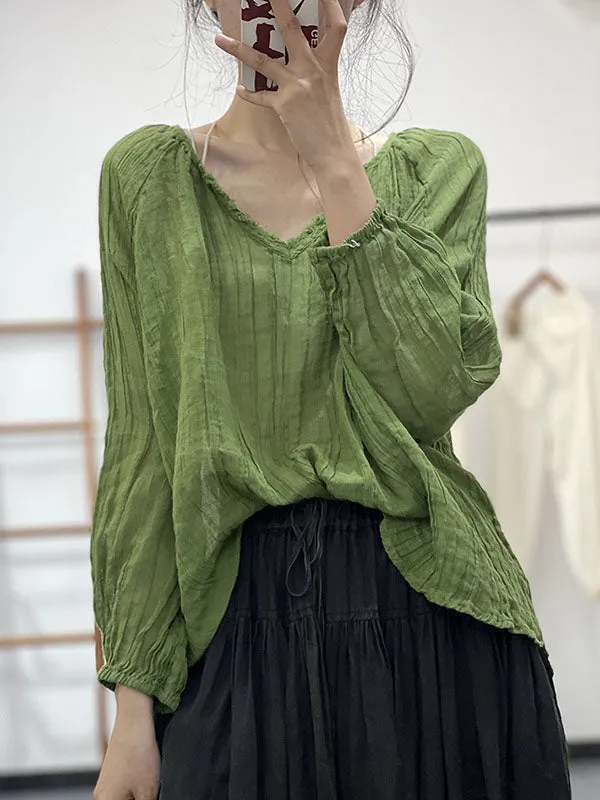 Long Sleeves Loose Pleated Solid Color V-Neck Blouses&Shirts Tops