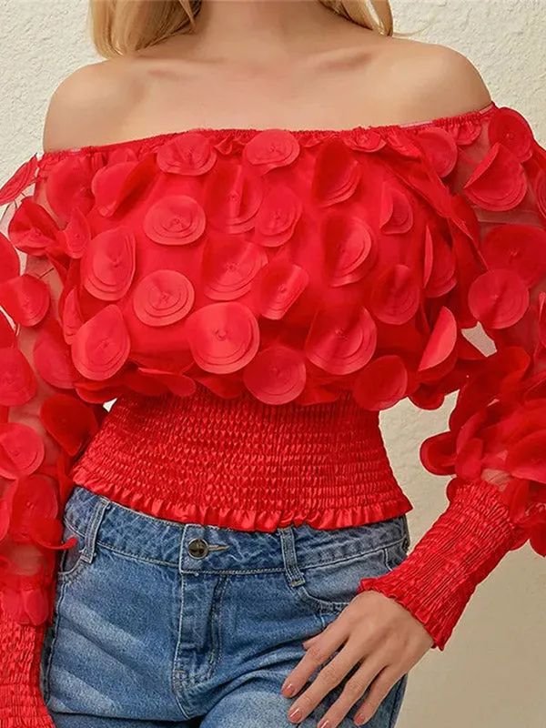 Long Sleeves Loose Polka-Dot Solid Color Off-The-Shoulder Blouses&Shirts Tops