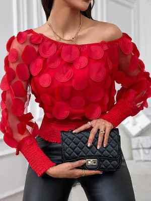 Long Sleeves Loose Polka-Dot Solid Color Off-The-Shoulder Blouses&Shirts Tops