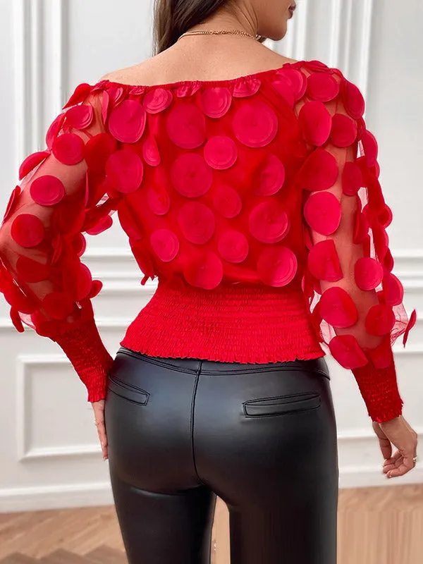 Long Sleeves Loose Polka-Dot Solid Color Off-The-Shoulder Blouses&Shirts Tops