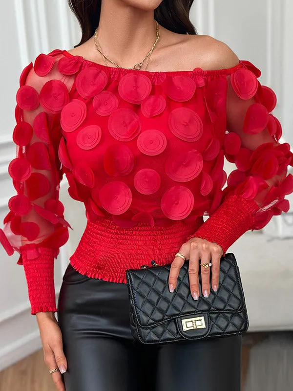 Long Sleeves Loose Polka-Dot Solid Color Off-The-Shoulder Blouses&Shirts Tops