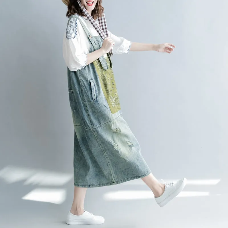 Loose Print Blue Denim Sundresses Women Casual Clothes Q1265