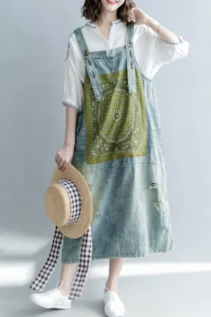 Loose Print Blue Denim Sundresses Women Casual Clothes Q1265