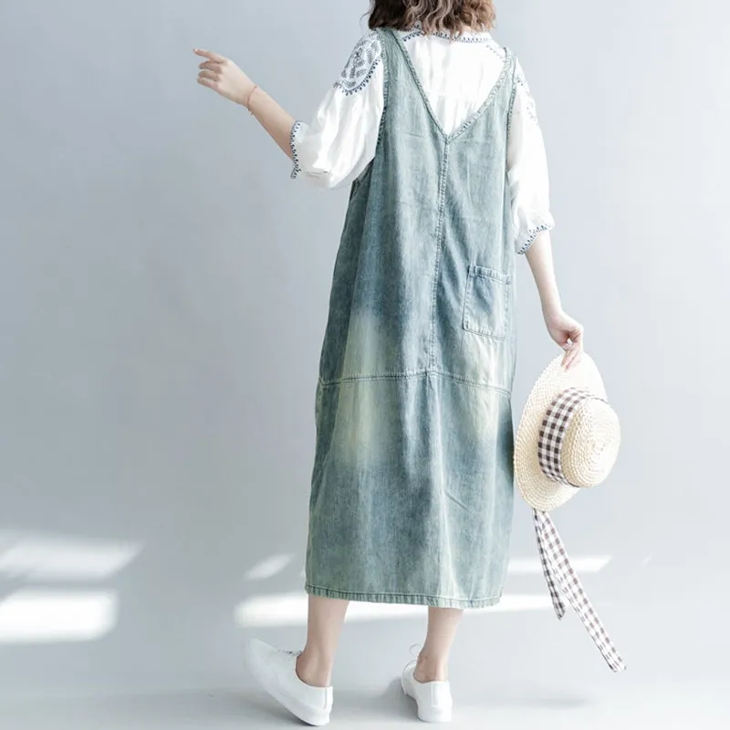 Loose Print Blue Denim Sundresses Women Casual Clothes Q1265