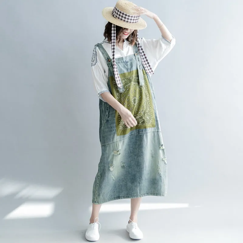 Loose Print Blue Denim Sundresses Women Casual Clothes Q1265