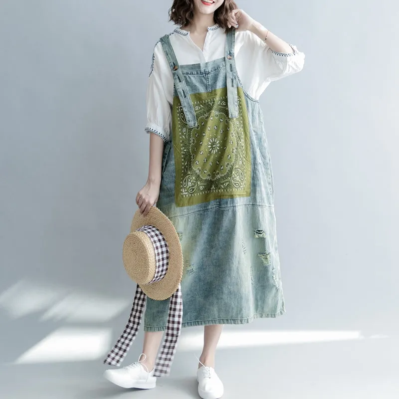 Loose Print Blue Denim Sundresses Women Casual Clothes Q1265