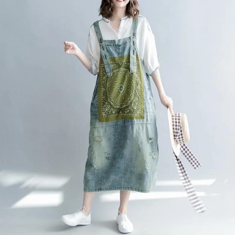 Loose Print Blue Denim Sundresses Women Casual Clothes Q1265