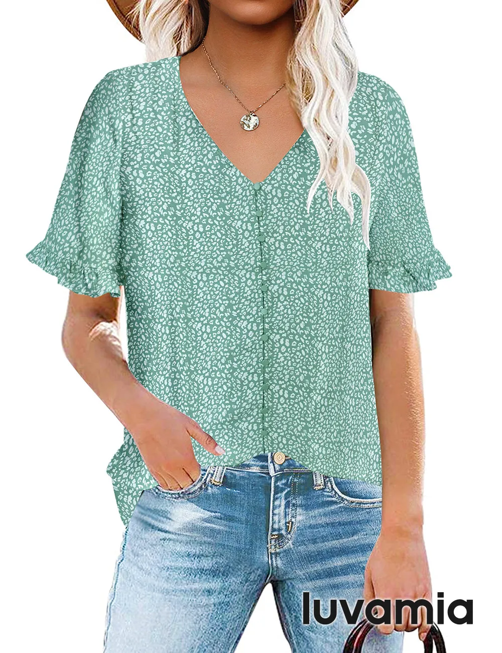 luvamia Women's Casual V Neck Tops Ruffle Short Sleeve Blouses Button Down Shirts