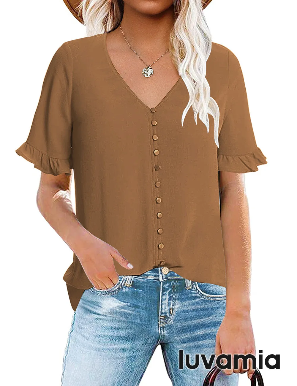 luvamia Women's Casual V Neck Tops Ruffle Short Sleeve Blouses Button Down Shirts