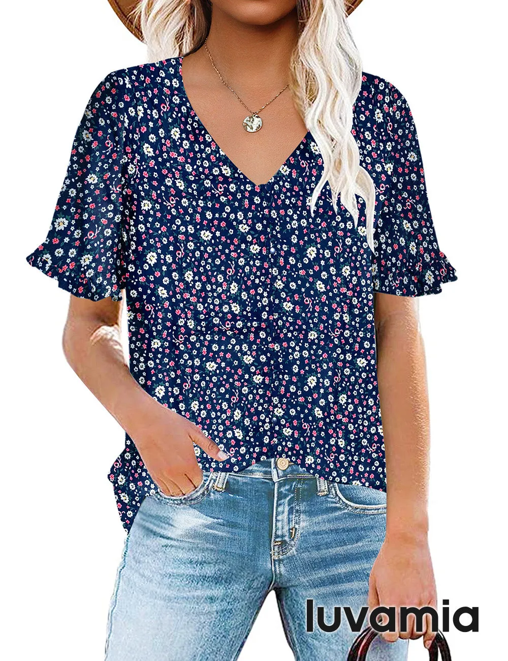 luvamia Women's Casual V Neck Tops Ruffle Short Sleeve Blouses Button Down Shirts