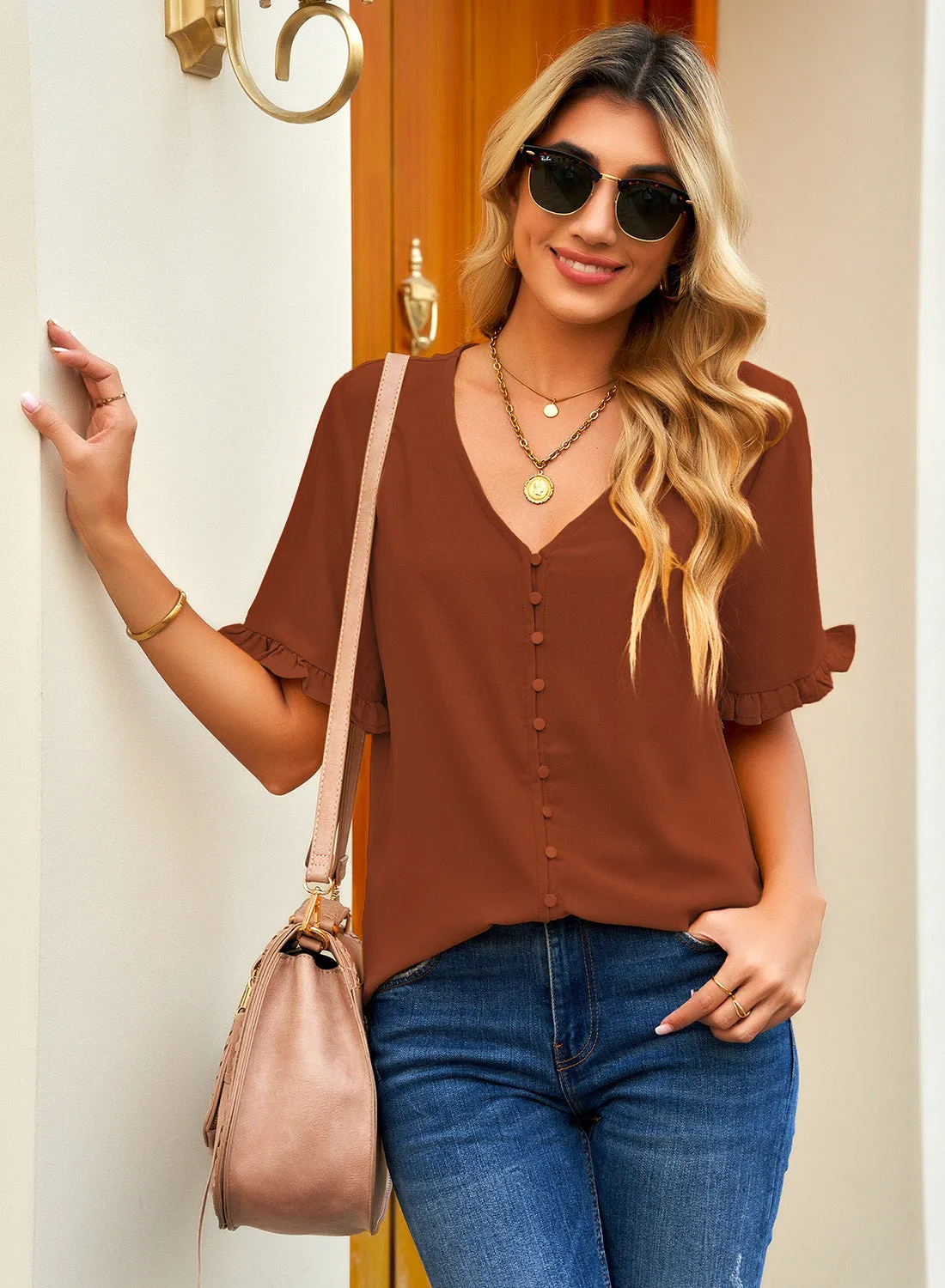 luvamia Women's Casual V Neck Tops Ruffle Short Sleeve Blouses Button Down Shirts
