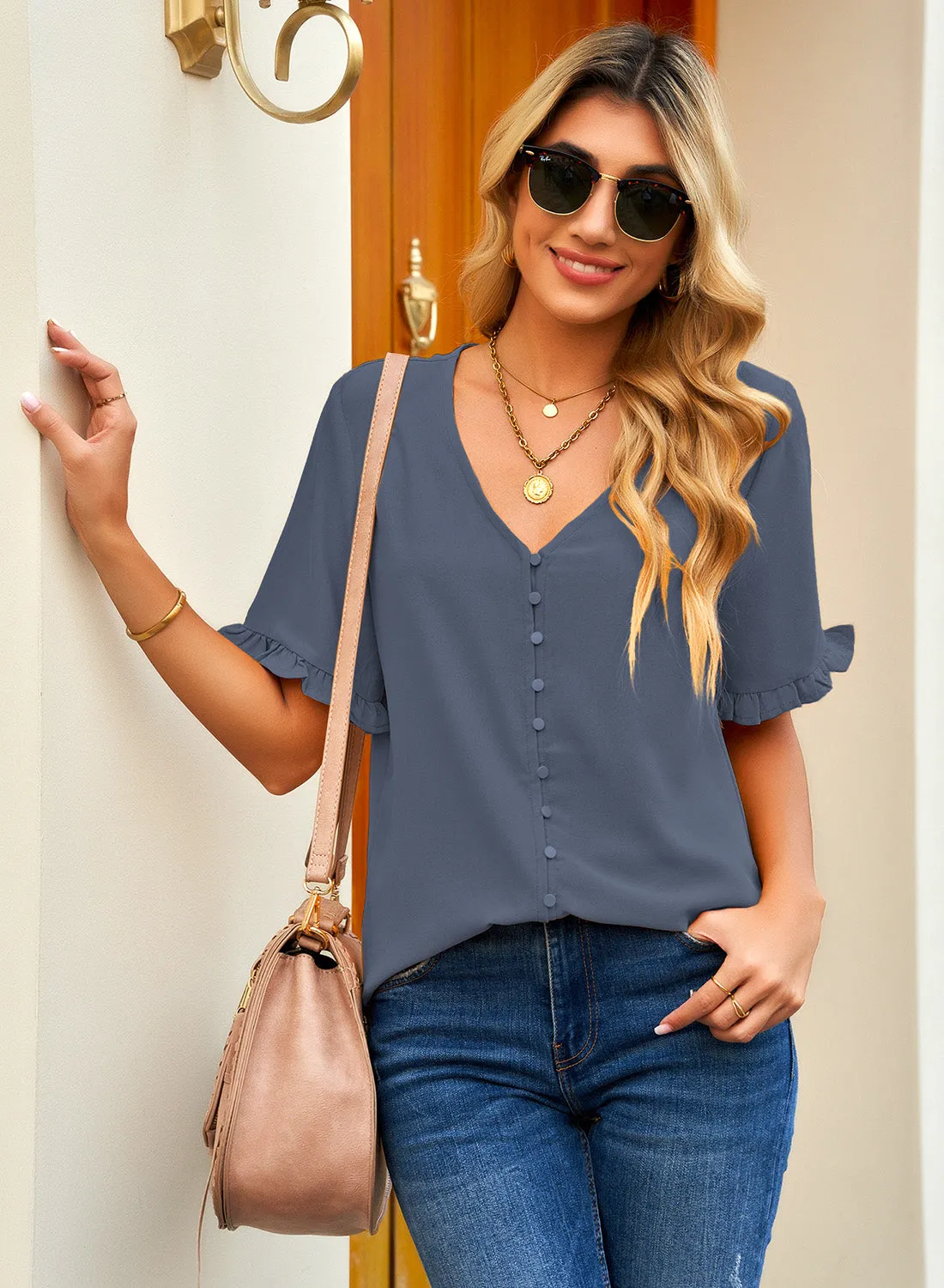 luvamia Women's Casual V Neck Tops Ruffle Short Sleeve Blouses Button Down Shirts