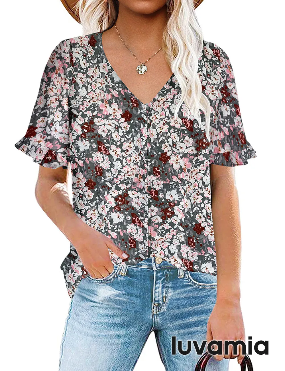 luvamia Women's Casual V Neck Tops Ruffle Short Sleeve Blouses Button Down Shirts