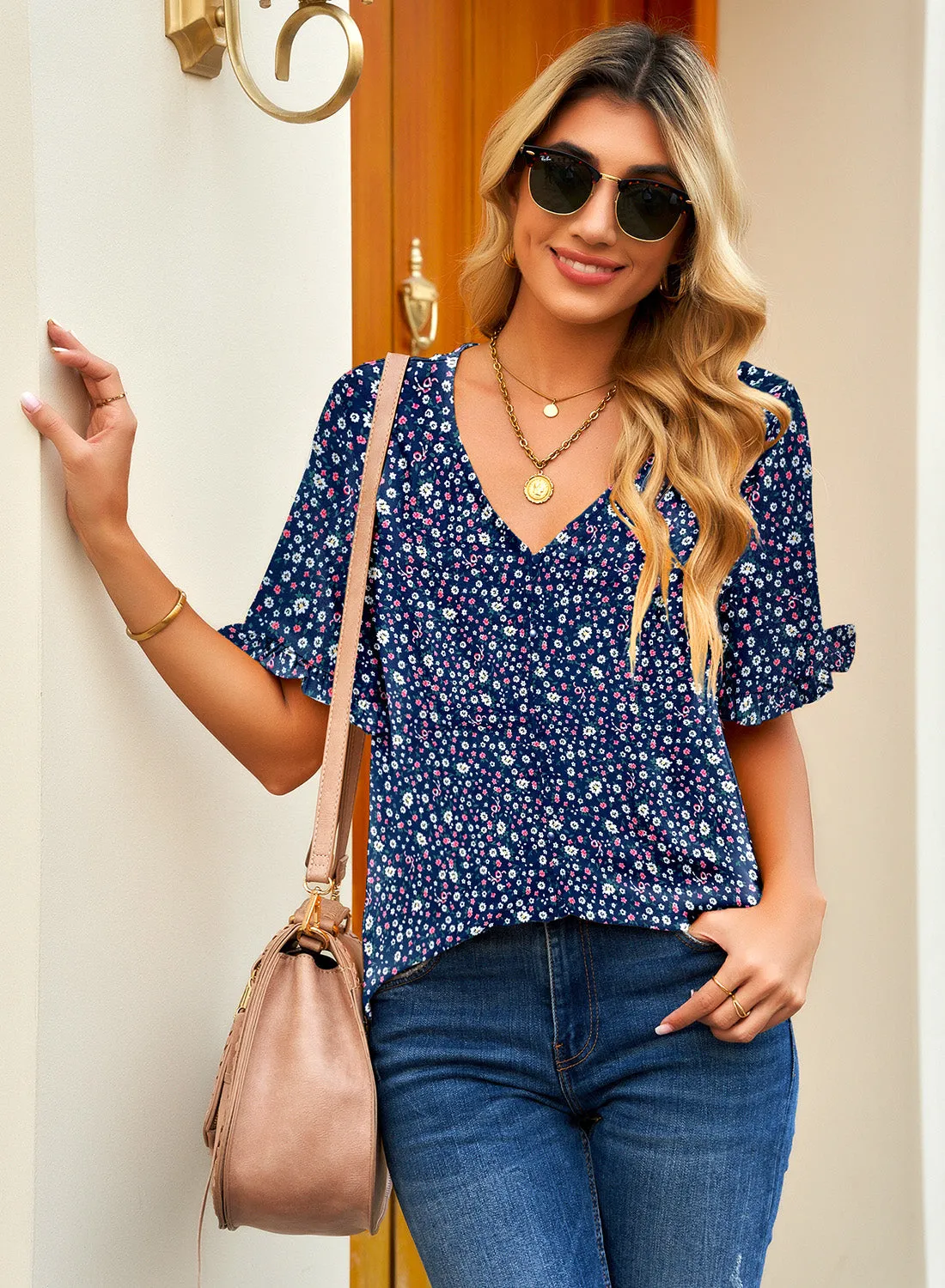 luvamia Women's Casual V Neck Tops Ruffle Short Sleeve Blouses Button Down Shirts