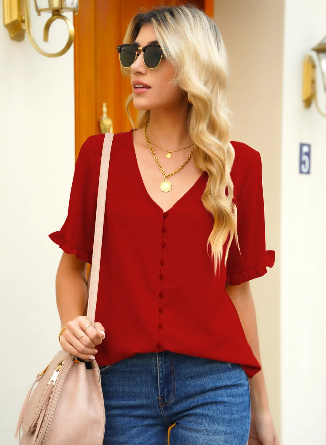 luvamia Women's Casual V Neck Tops Ruffle Short Sleeve Blouses Button Down Shirts