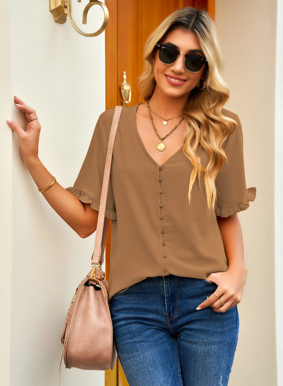 luvamia Women's Casual V Neck Tops Ruffle Short Sleeve Blouses Button Down Shirts
