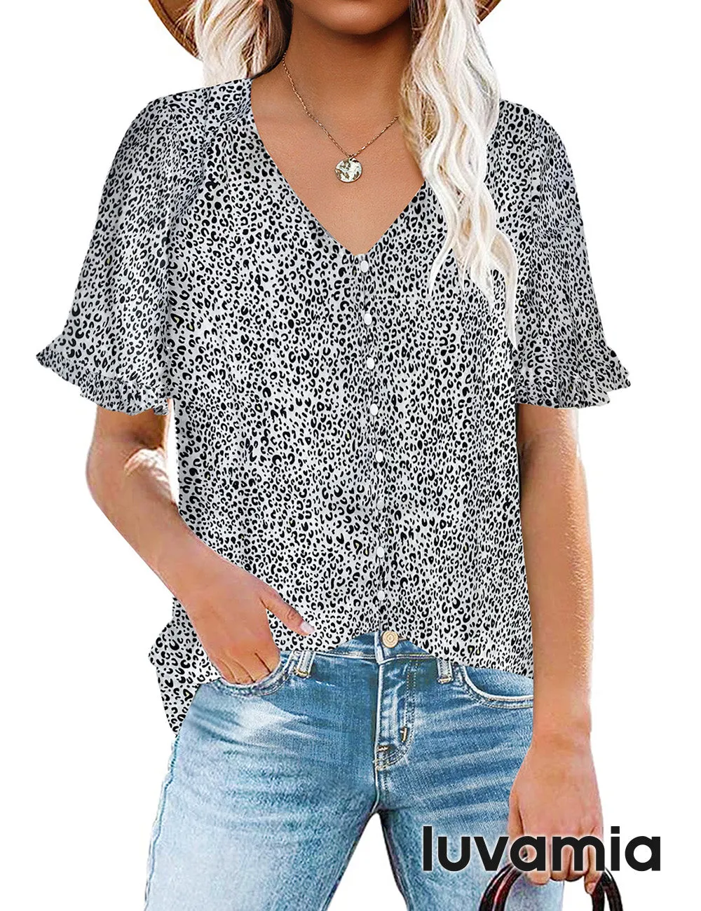 luvamia Women's Casual V Neck Tops Ruffle Short Sleeve Blouses Button Down Shirts