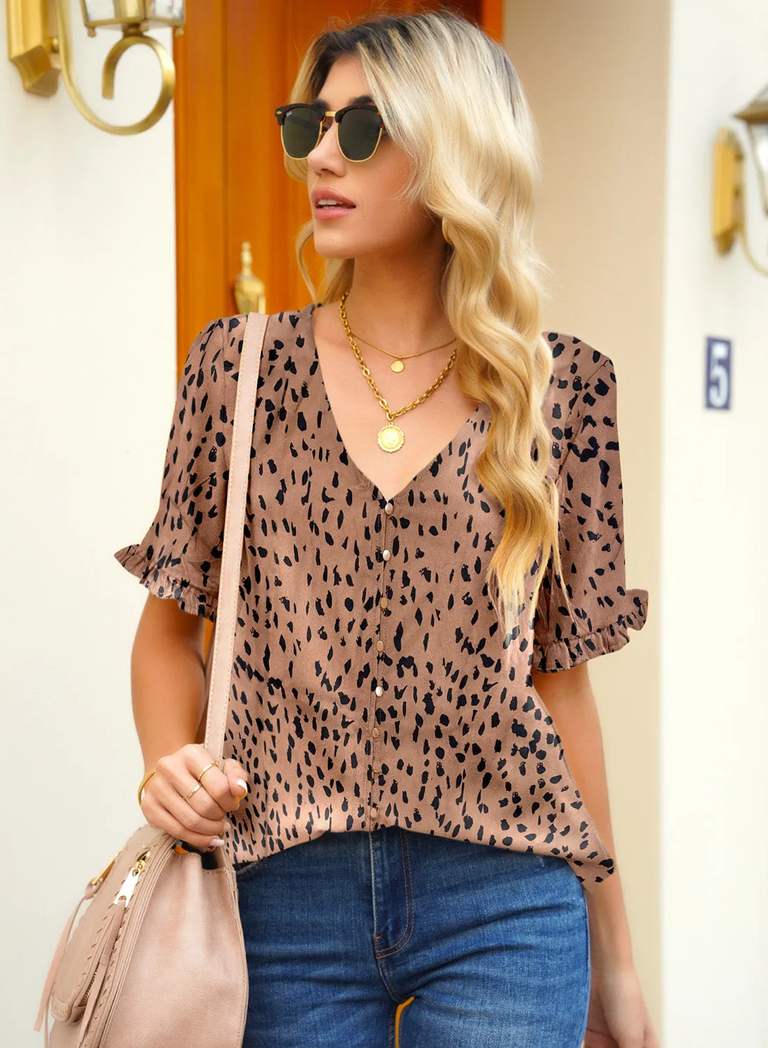 luvamia Women's Casual V Neck Tops Ruffle Short Sleeve Blouses Button Down Shirts