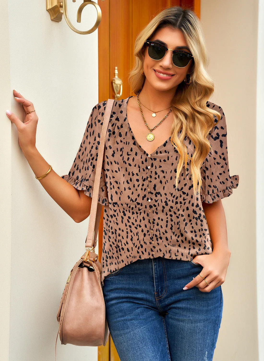 luvamia Women's Casual V Neck Tops Ruffle Short Sleeve Blouses Button Down Shirts