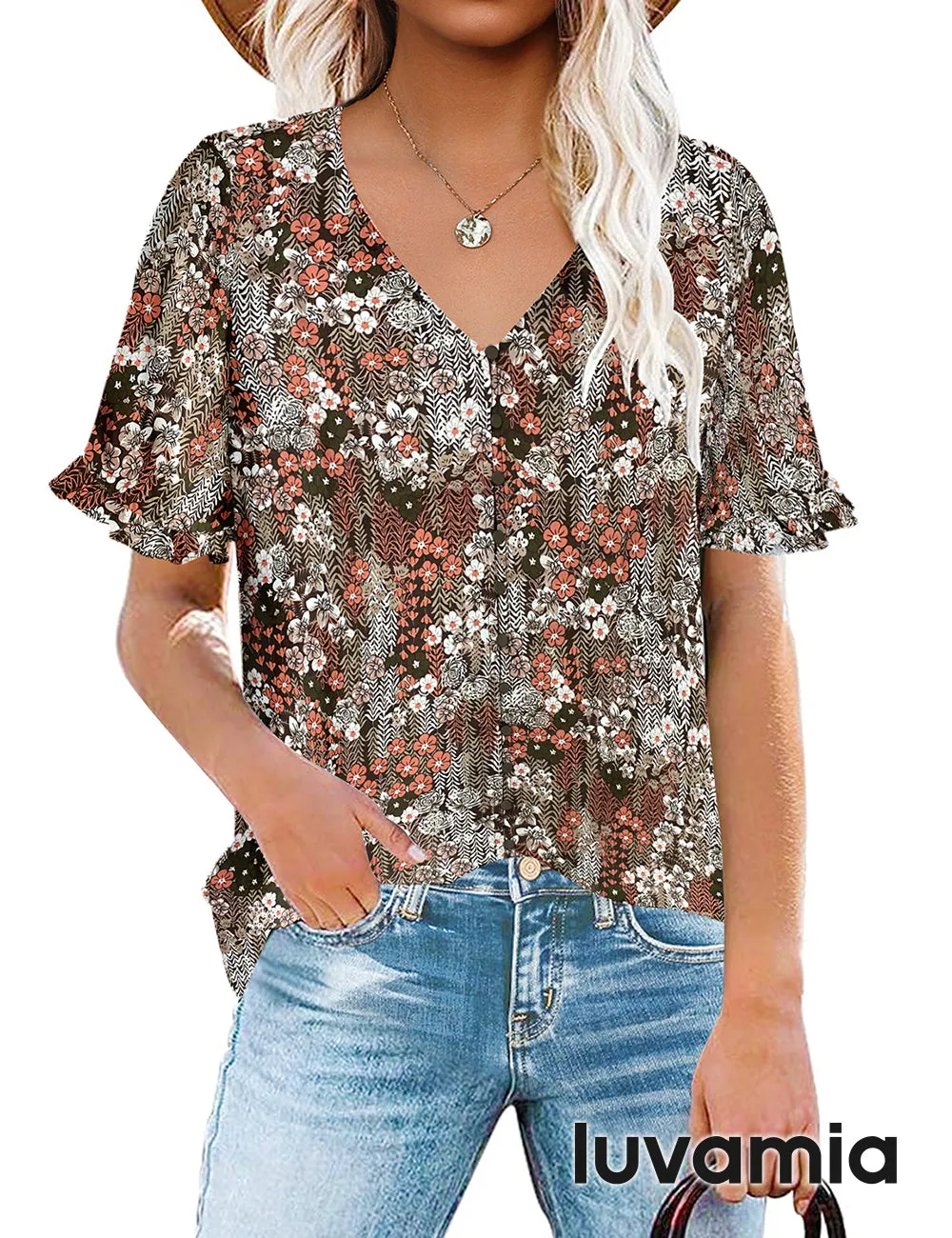 luvamia Women's Casual V Neck Tops Ruffle Short Sleeve Blouses Button Down Shirts