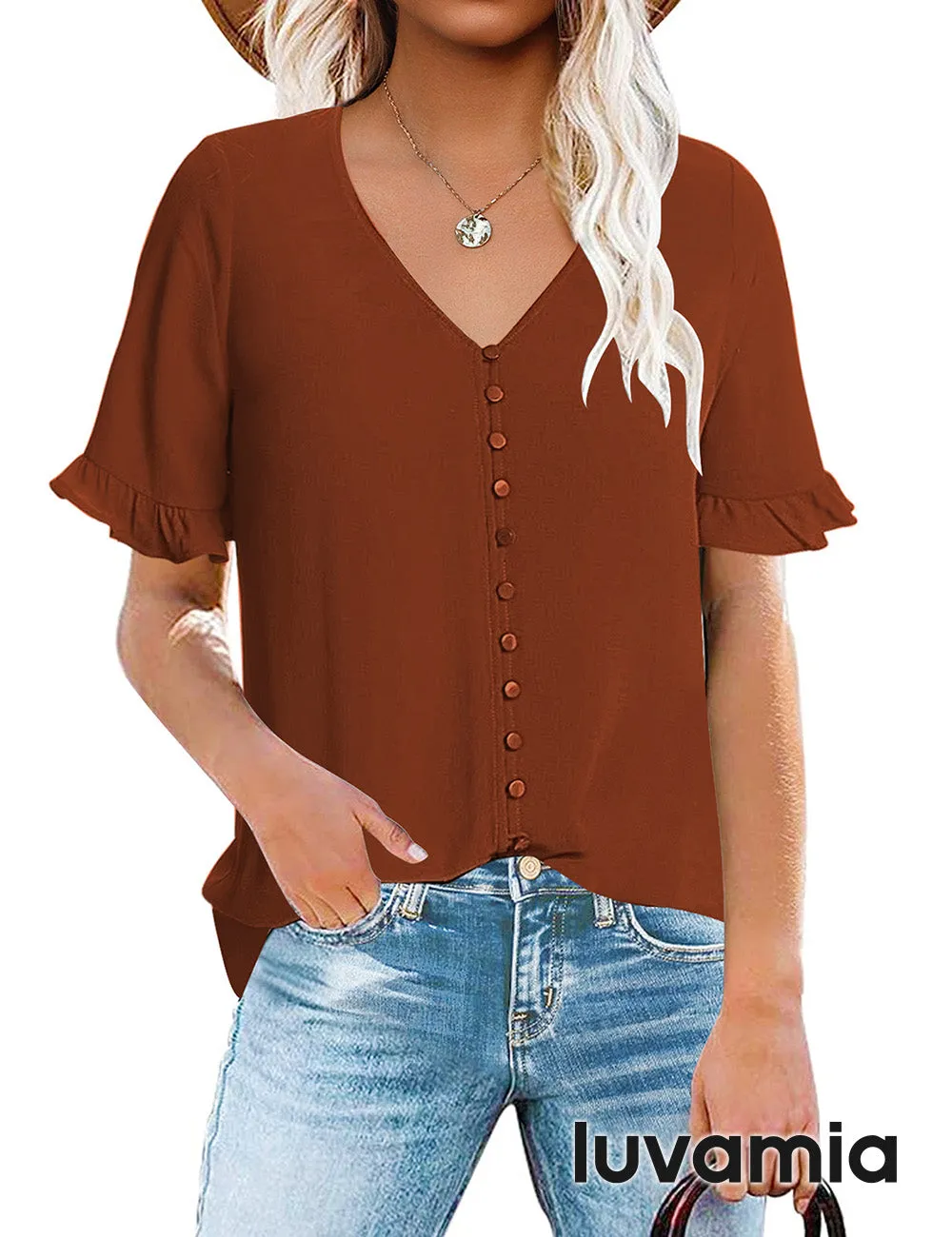 luvamia Women's Casual V Neck Tops Ruffle Short Sleeve Blouses Button Down Shirts