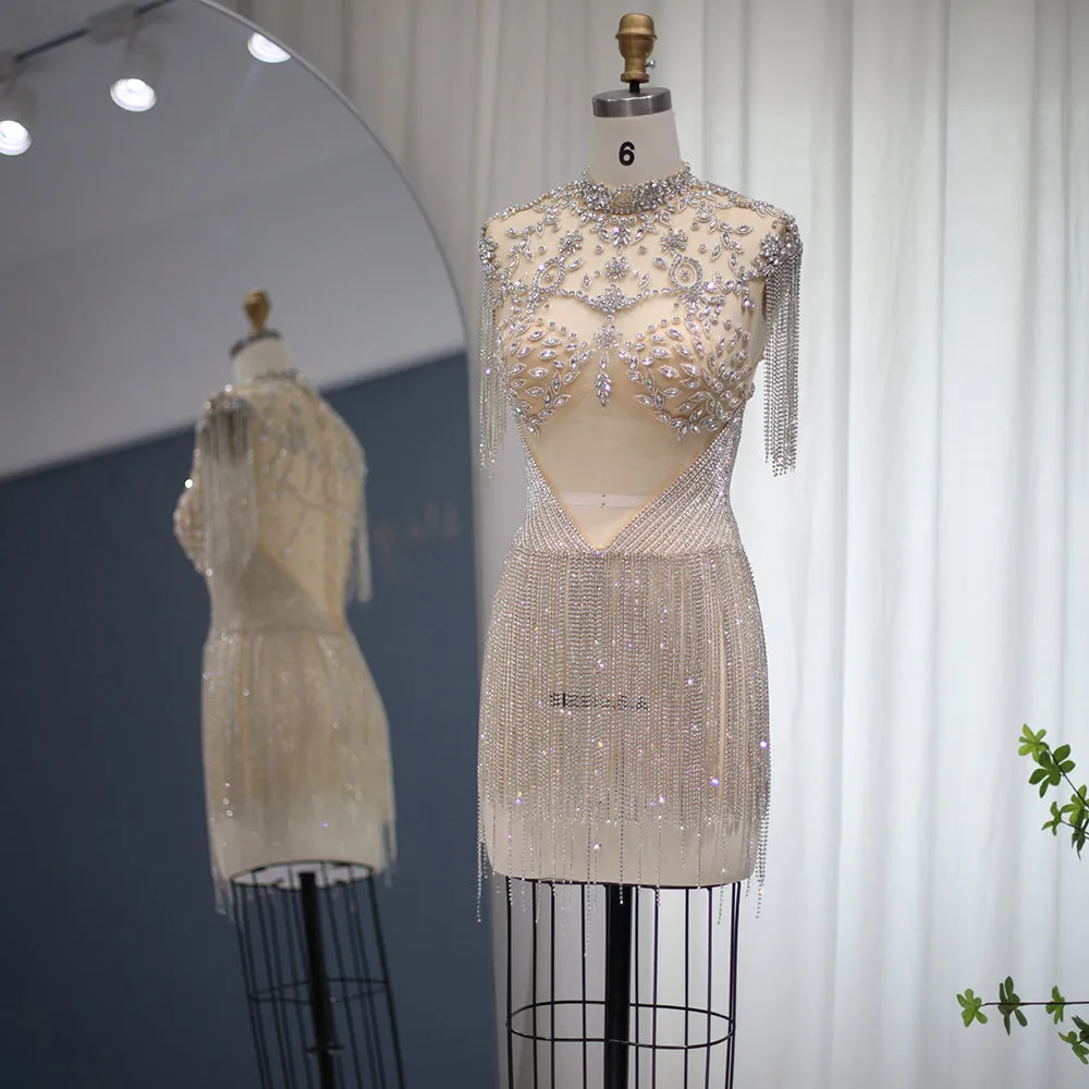 Luxury Crystal Tassels High-Neck Short Cocktail Dress RM113