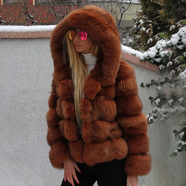 Luxury Faux Fur Winter Jacket with Fur Hood