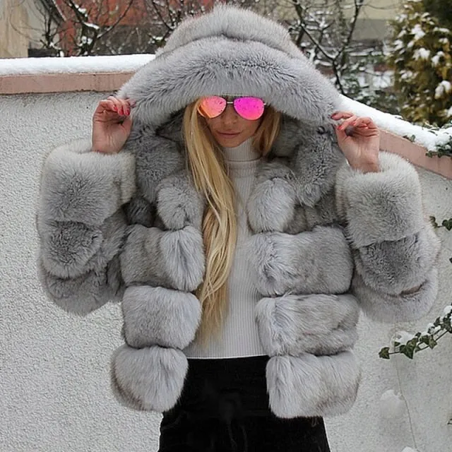 Luxury Faux Fur Winter Jacket with Fur Hood
