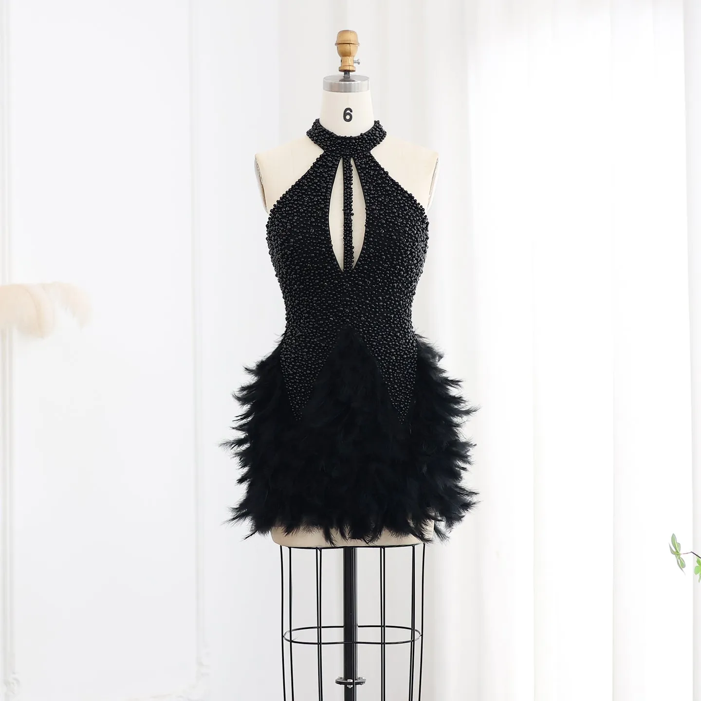 Luxury Feathers Pearls Nude Short Cocktail Party Dress SS149