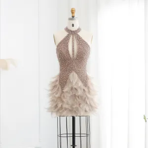 Luxury Feathers Pearls Nude Short Cocktail Party Dress SS149