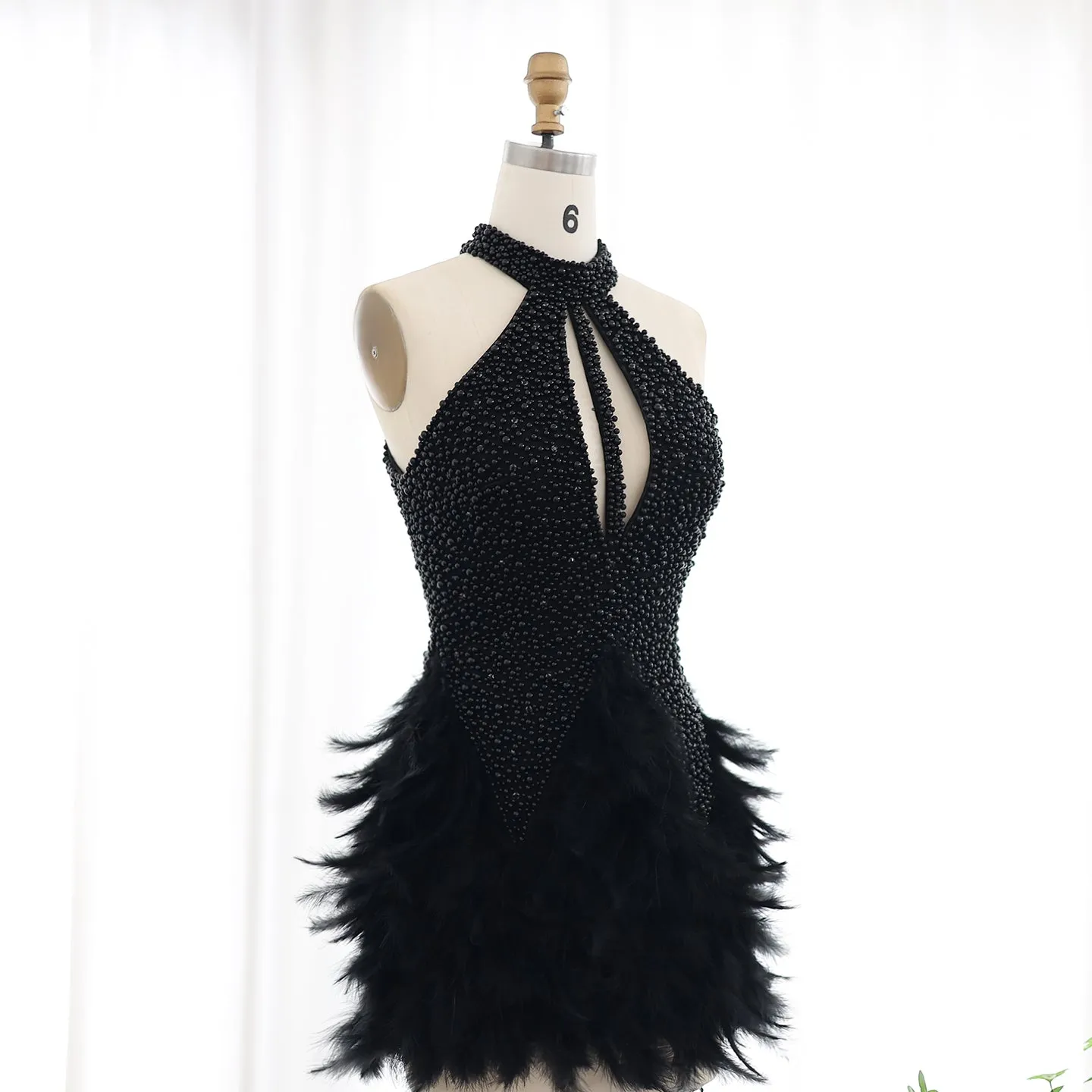 Luxury Feathers Pearls Nude Short Cocktail Party Dress SS149