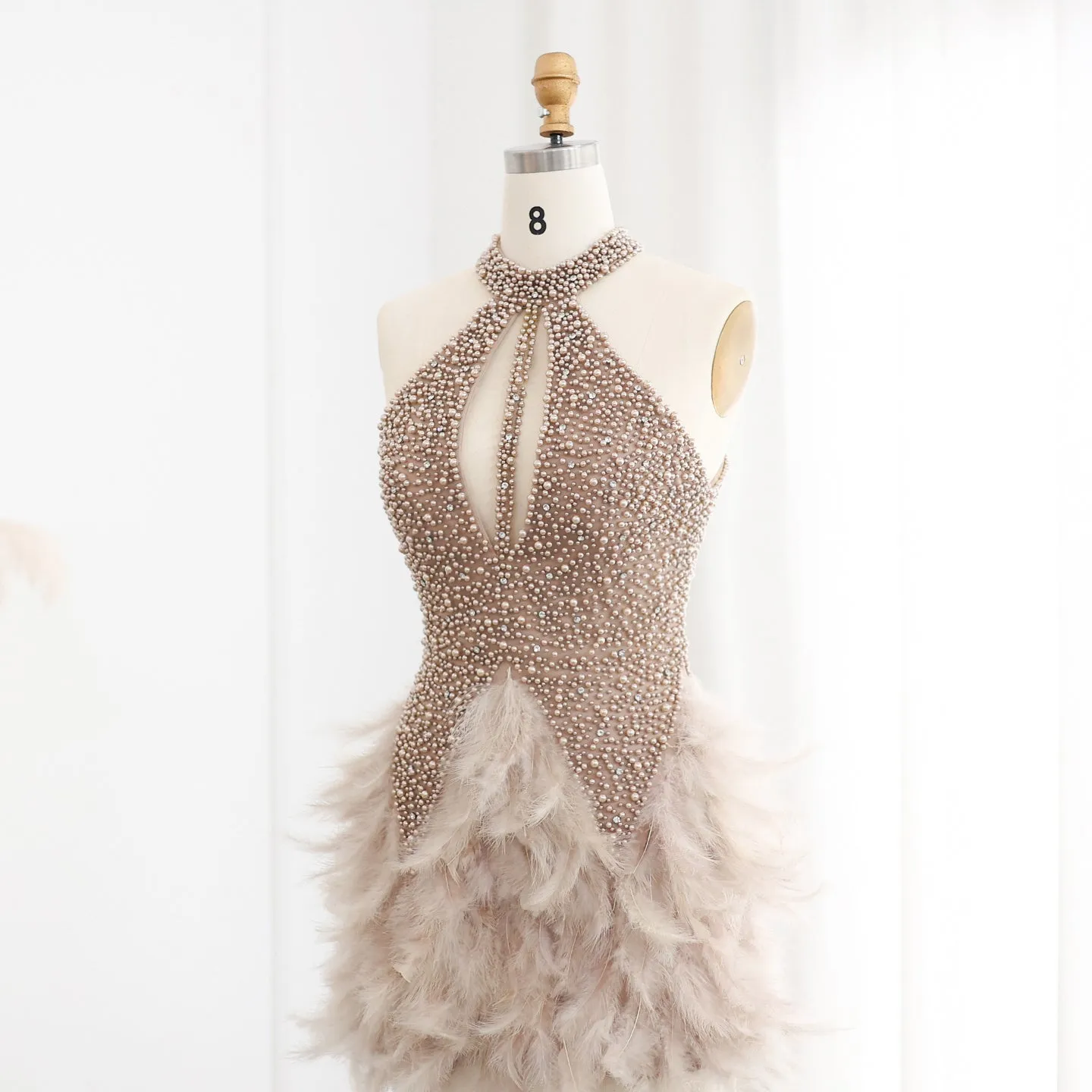 Luxury Feathers Pearls Nude Short Cocktail Party Dress SS149