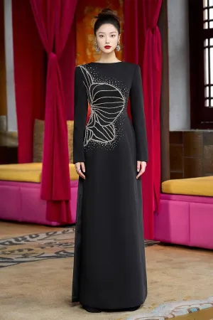 Magnif Sheath Boat Neck Velvet Satin Maxi Dress