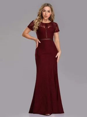 Maxi Long Mermaid Floral Lace Evening Dress with Short Sleeve