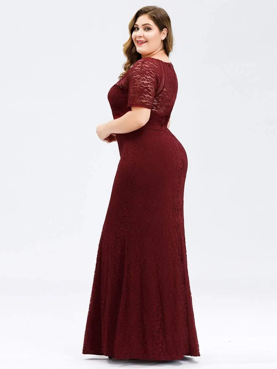 Maxi Long Mermaid Floral Lace Evening Dress with Short Sleeve