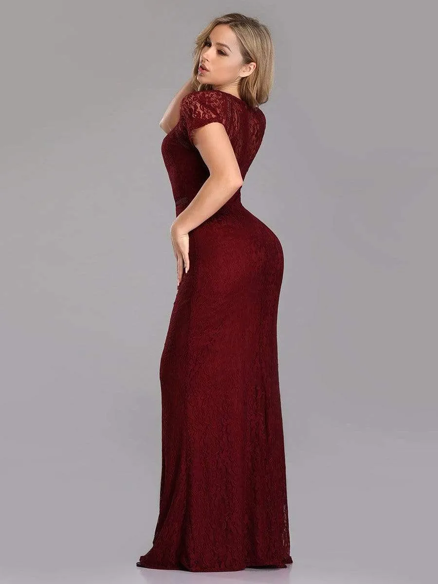 Maxi Long Mermaid Floral Lace Evening Dress with Short Sleeve