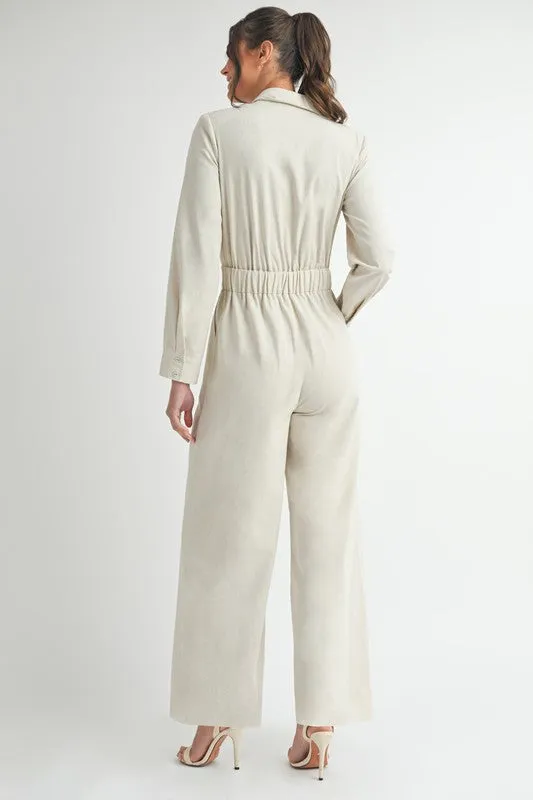Maxine Long Sleeve Notch Lapel Wide Leg Linen Jumpsuit Natural