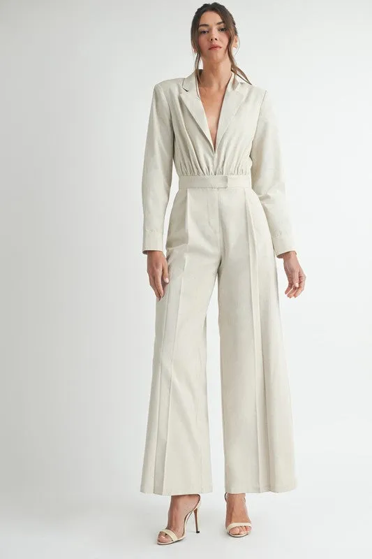 Maxine Long Sleeve Notch Lapel Wide Leg Linen Jumpsuit Natural