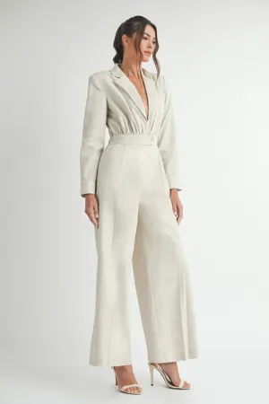 Maxine Long Sleeve Notch Lapel Wide Leg Linen Jumpsuit Natural