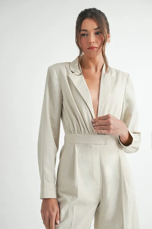 Maxine Long Sleeve Notch Lapel Wide Leg Linen Jumpsuit Natural
