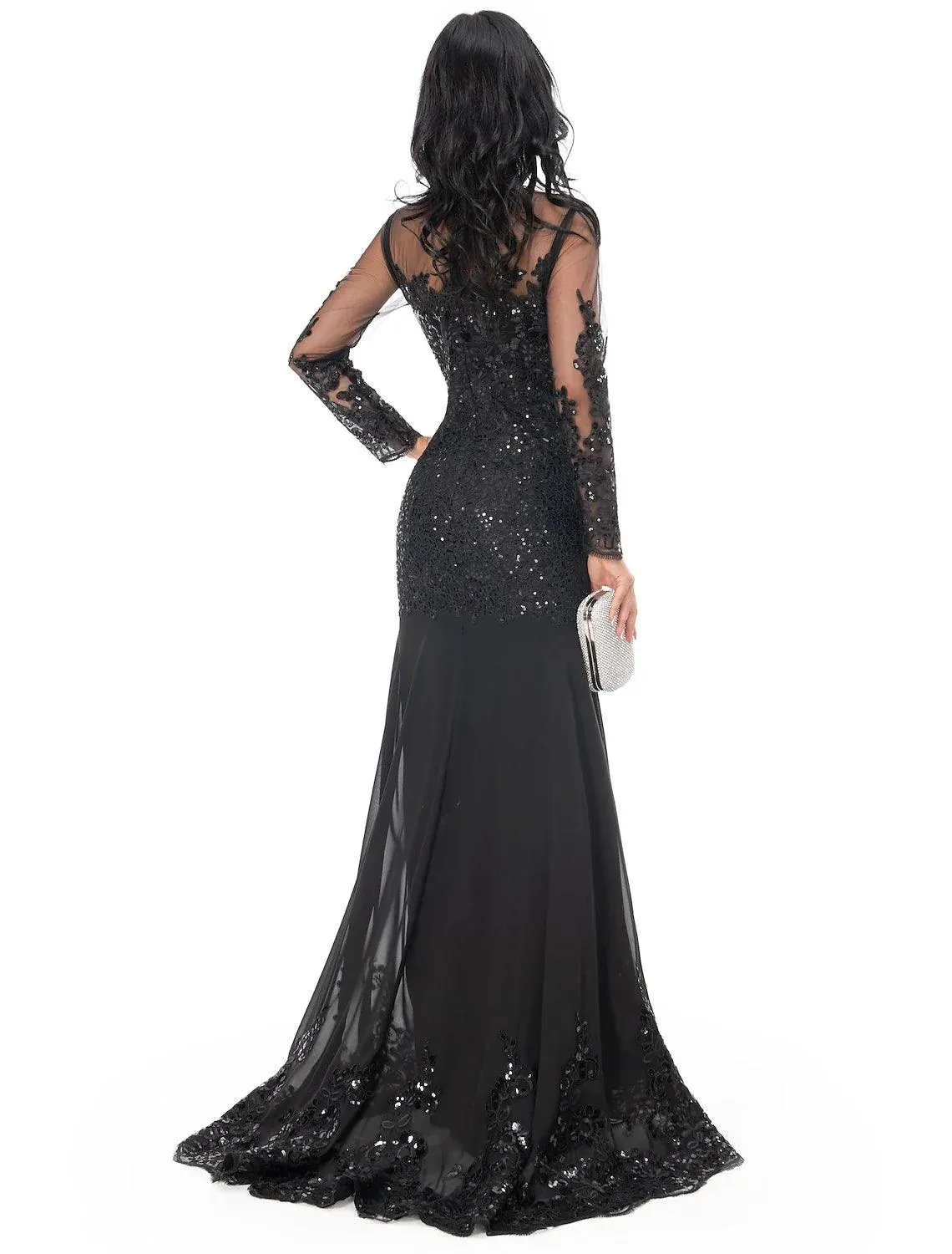 Mermaid Black Dress Evening Gown Sequin Prom Dress Sparkle Formal Gown Sweep / Brush Train Long Sleeve Illusion Neck Lace with Appliques
