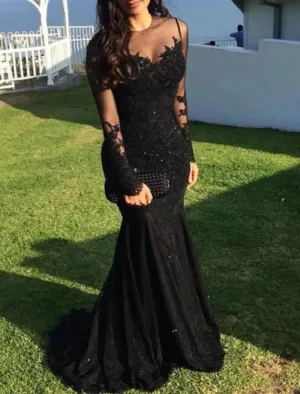 Mermaid Black Dress Evening Gown Sequin Prom Dress Sparkle Formal Gown Sweep / Brush Train Long Sleeve Illusion Neck Lace with Appliques