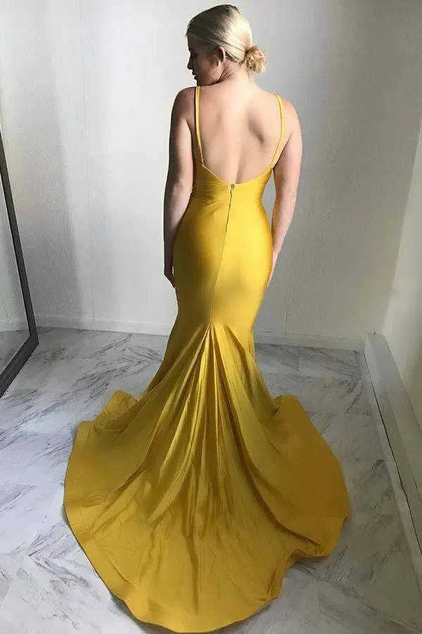 Mermaid Spaghetti Straps Sweep Train Ruched Yellow Satin Prom Dress PG636